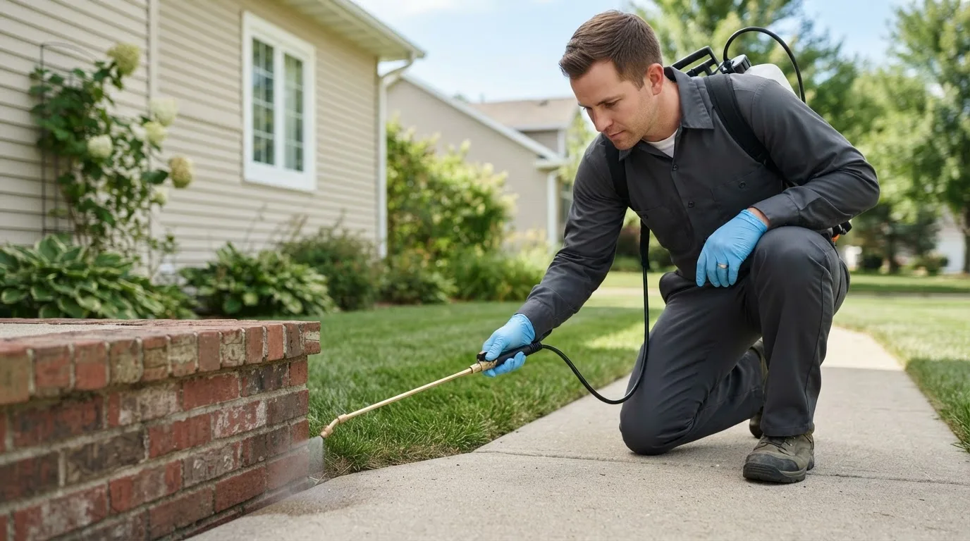 Pest control technician treating a home near Riverton, IA