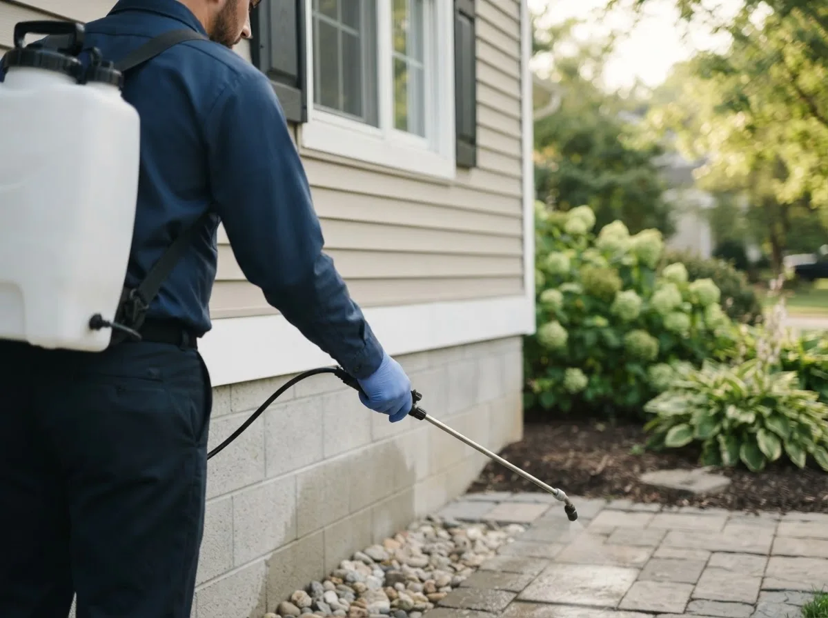 Pest control technician inspecting a home in Riverton, IA